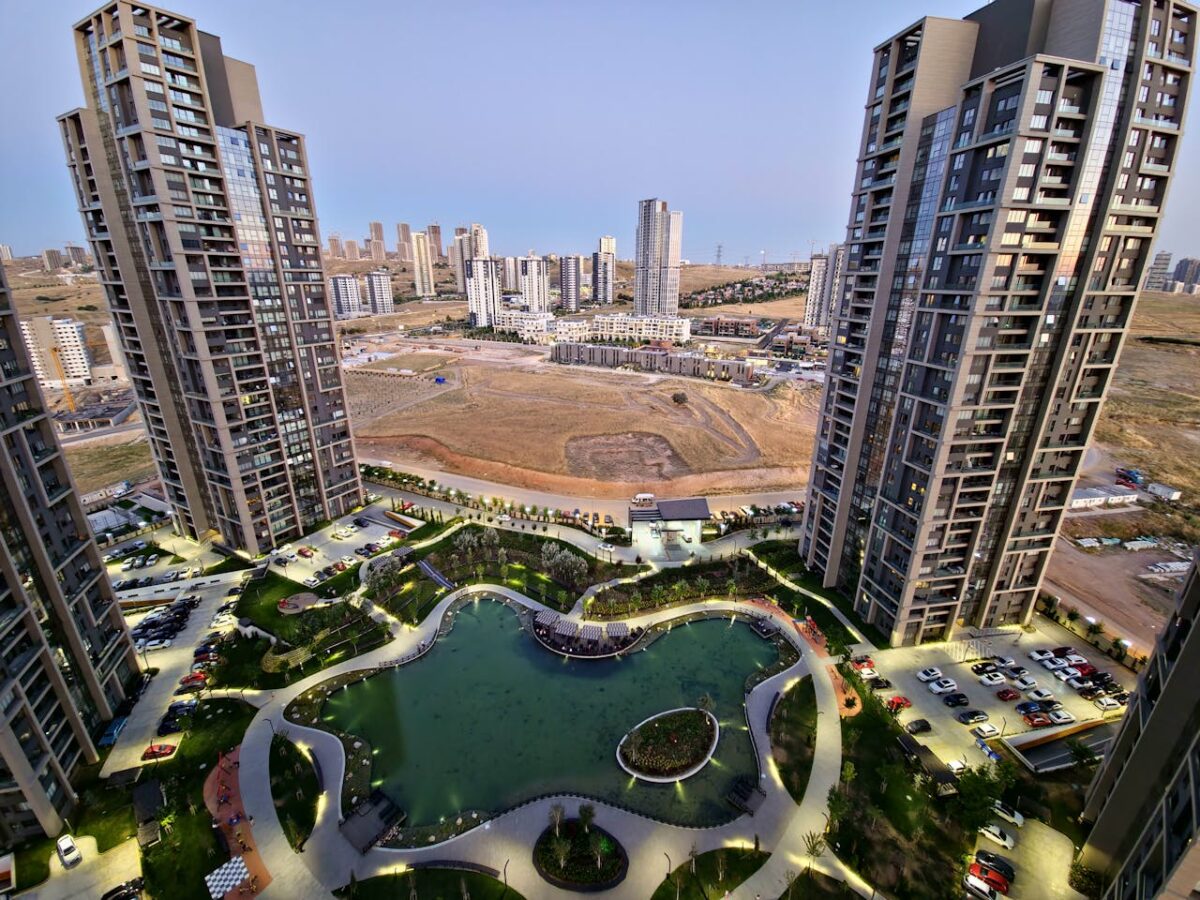 A stunning aerial view of a modern urban development with skyscrapers and a water feature in Ankara, Turkey.